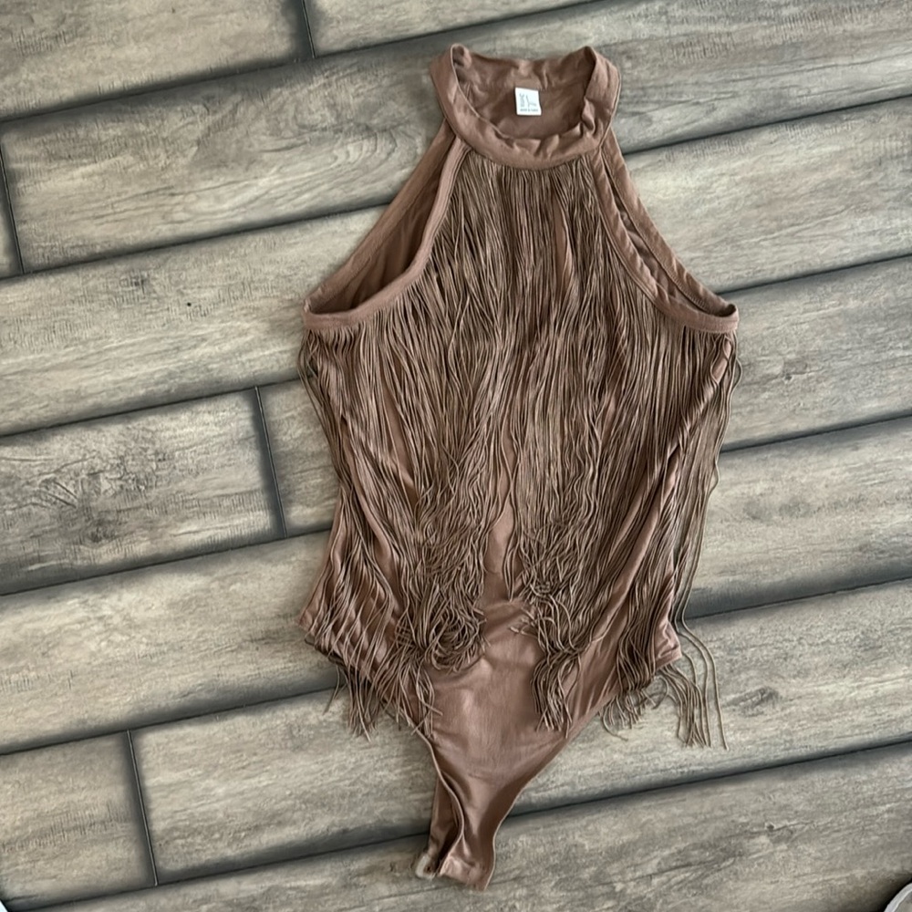 Country concert outfit! Fringe bodysuit. High neck, slim tank top.